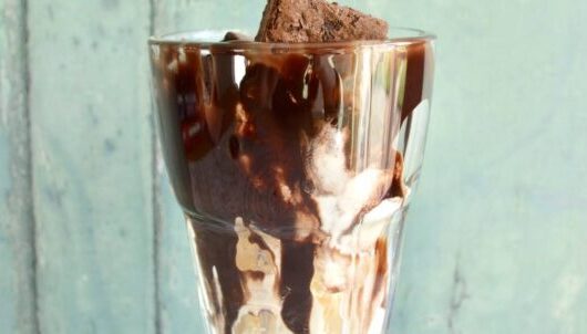 Spiked chocolate brownie ice cream sundae